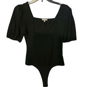 Baevely Black Ribbed Puff Sleeve Notched Neck Bodysuit - Size M - Excellent!